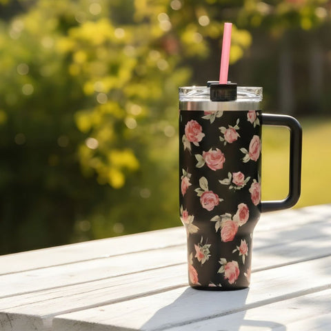 40oz Black Floral Insulated Tumbler