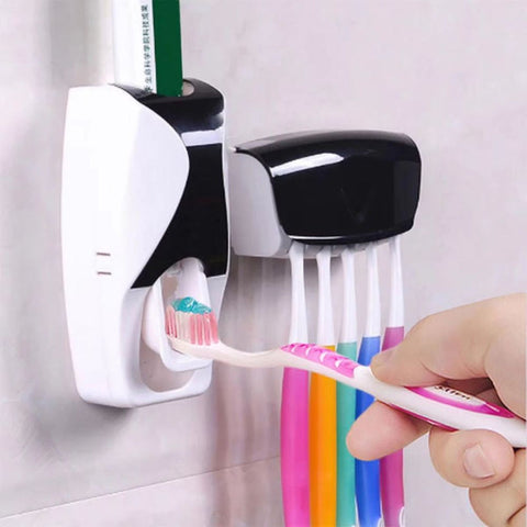 Wall-Mounted Toothpaste Dispenser with Brush Slot Holder Organizer
